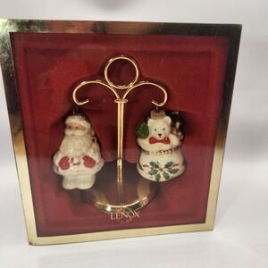 Lenox Santa and Bear Salt and Pepper Shakers with Gold Stand Holiday Set 3pc